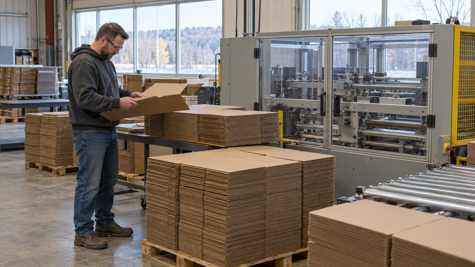 An operator checking unbranded packaging materials