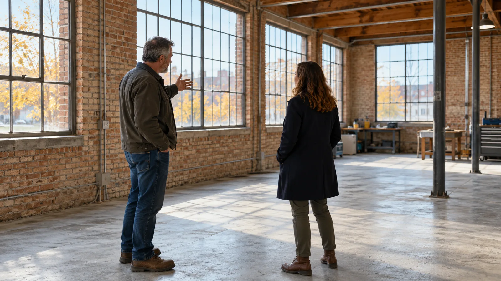An owner and advisor reviewing plans inside an industrial property