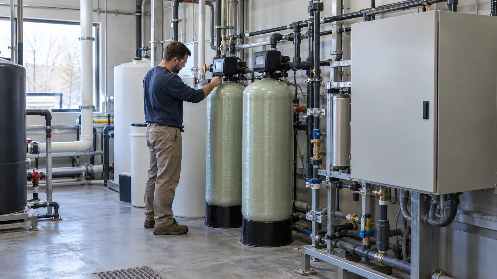A technician inspecting a water treatment system